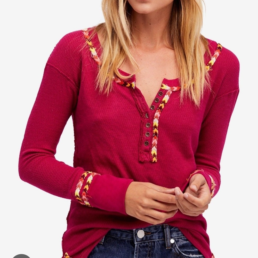 We The Free By Free People Long Sleeve Henley Top With Patterned Trim